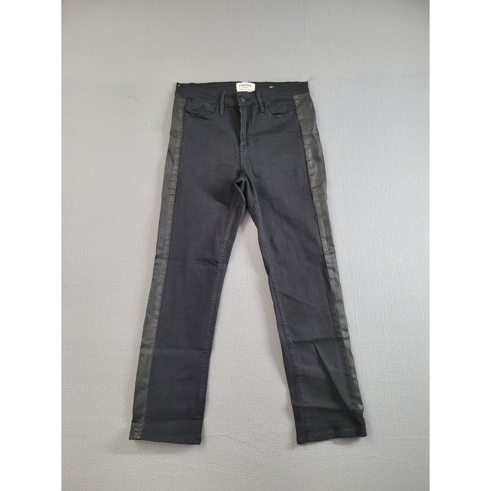 Frame Women Jean 29‎ Black Stripe Denim Slim High Straight Leg 5 Pocket Design